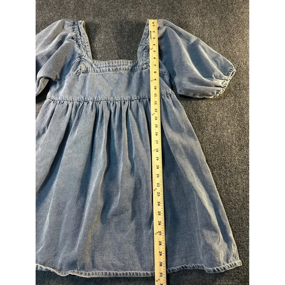 Rylee + Cru Denim Puff Sleeve Babydoll Dress Square Neck Blue Medium BOHO - Picture 4 of 8